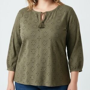 J. Jill Olive Green Eyelet Tassel Tie 3/4 Sleeve Blouse | Size XL